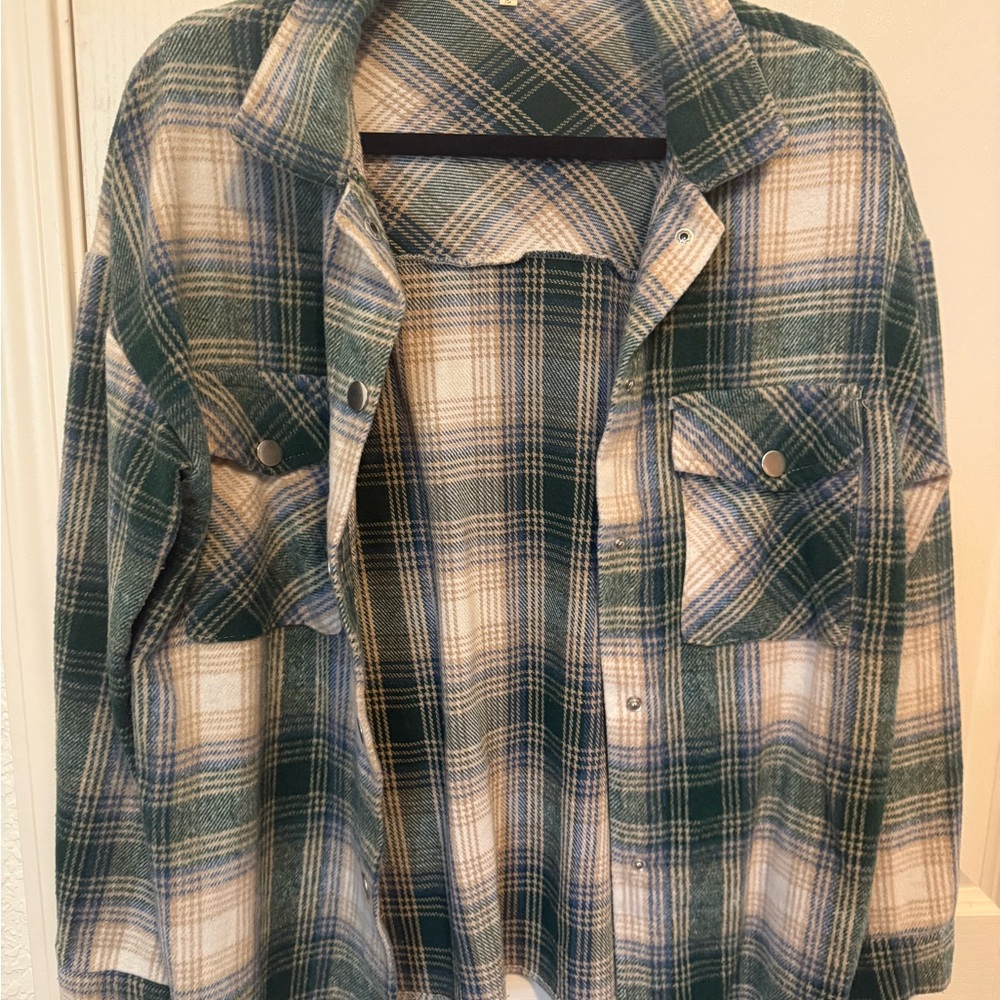 Green and White Plaid Flannel Shacket